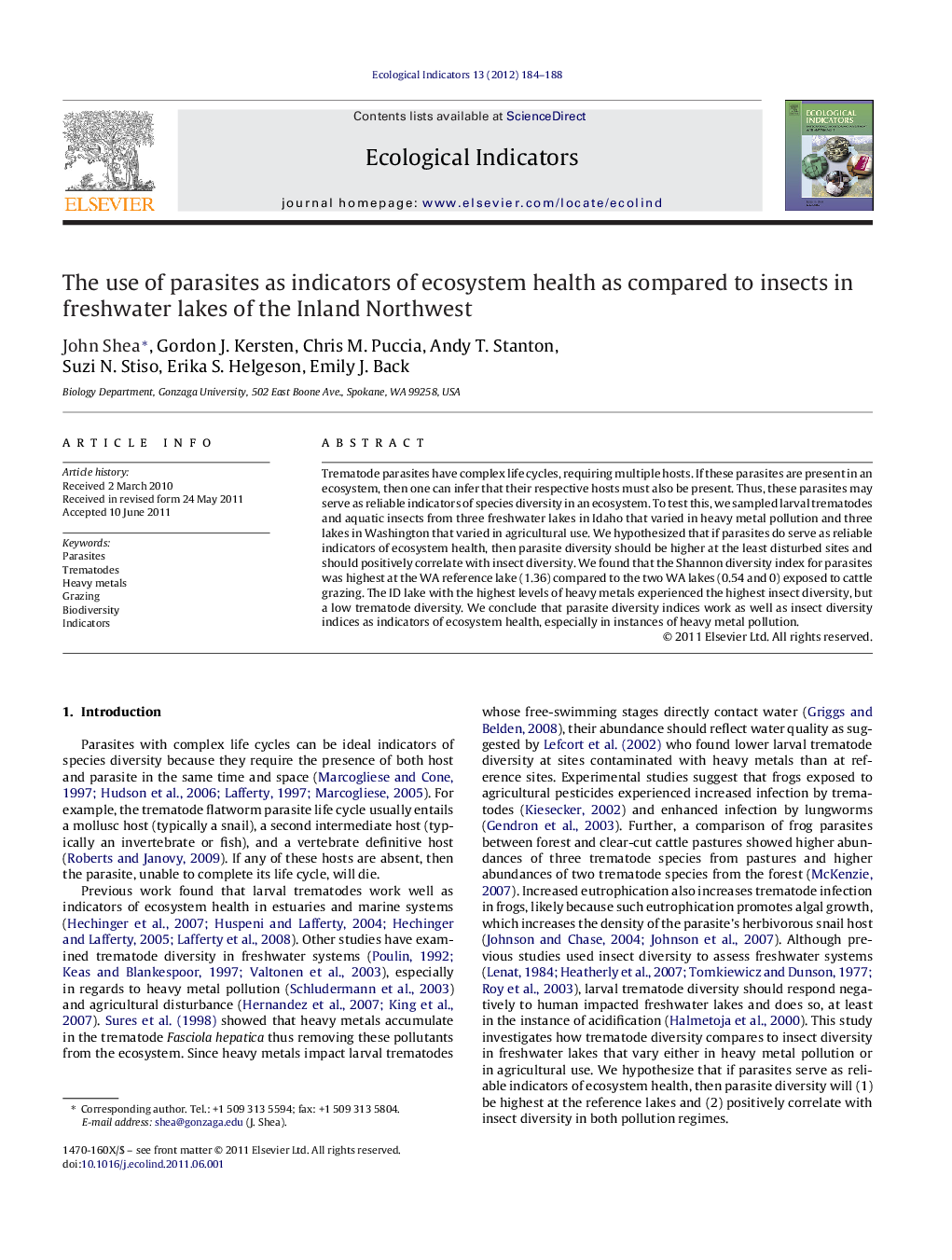 The use of parasites as indicators of ecosystem health as compared to insects in freshwater lakes of the Inland Northwest