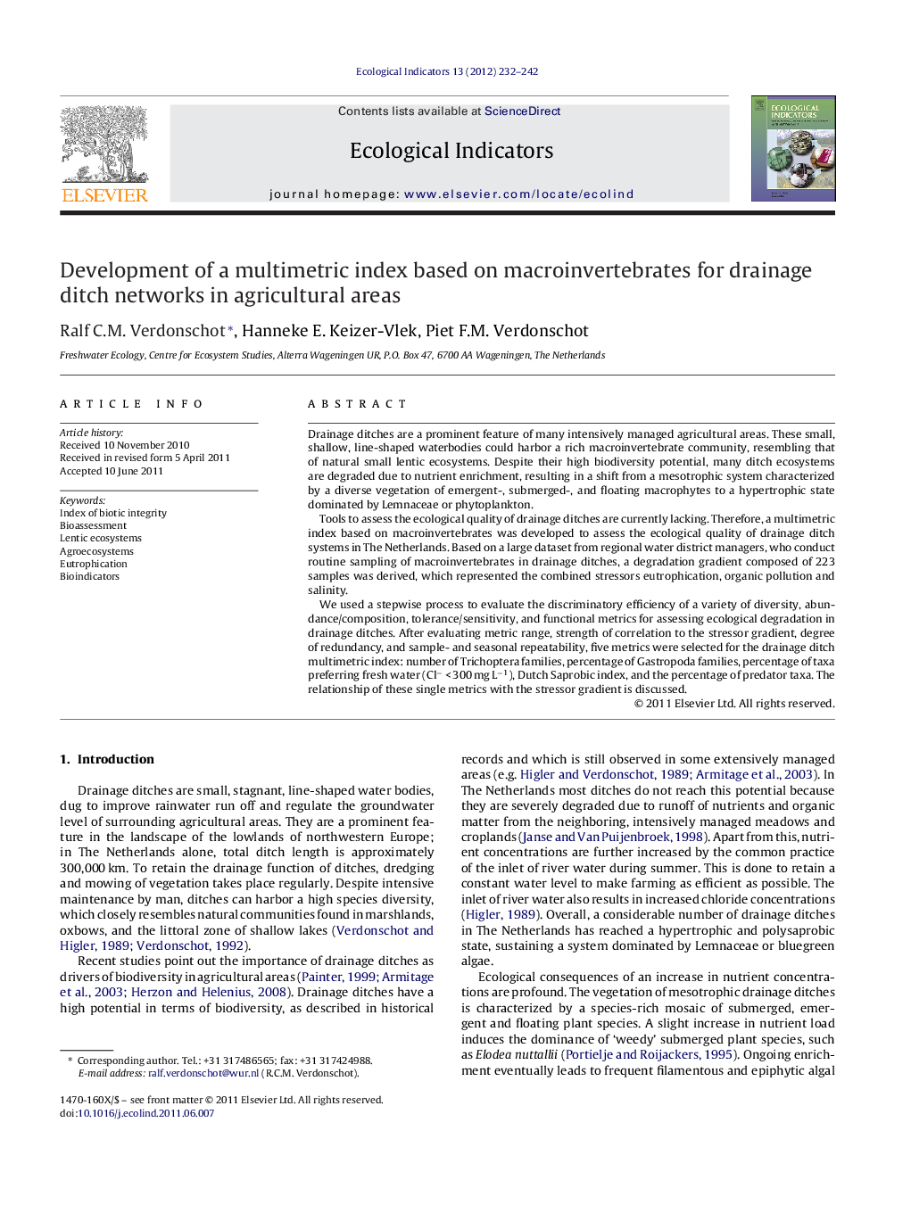 Development of a multimetric index based on macroinvertebrates for drainage ditch networks in agricultural areas