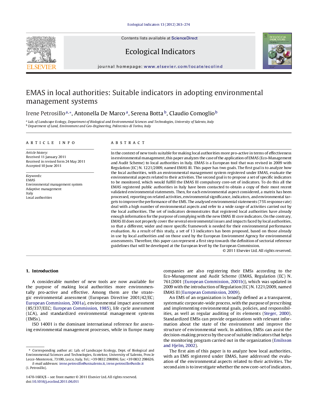 EMAS in local authorities: Suitable indicators in adopting environmental management systems