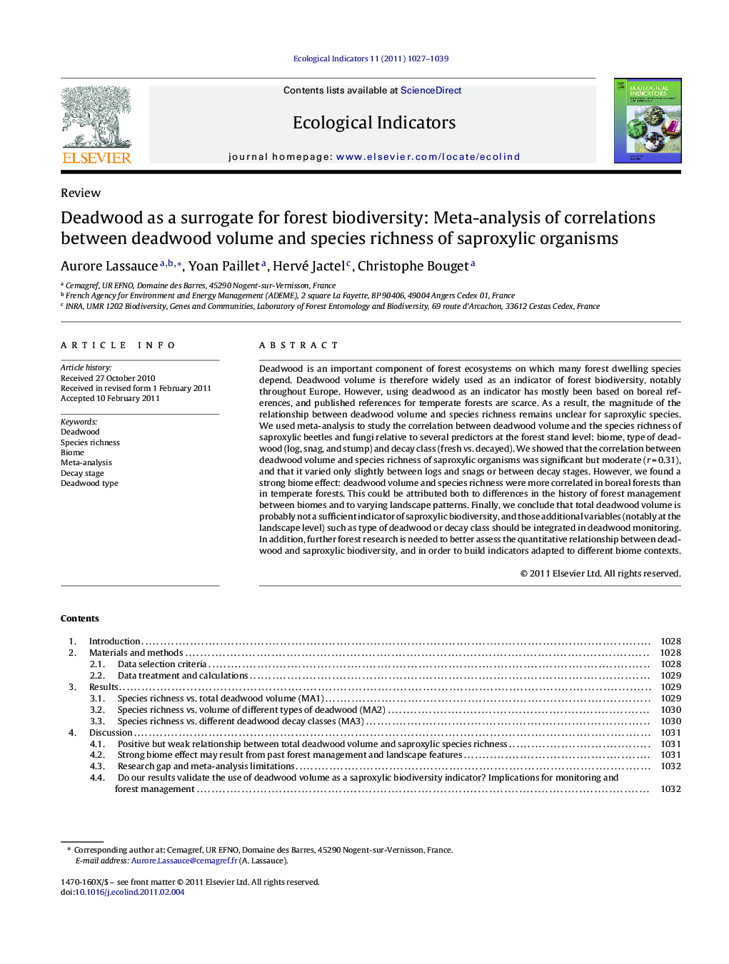 Deadwood as a surrogate for forest biodiversity: Meta-analysis of correlations between deadwood volume and species richness of saproxylic organisms