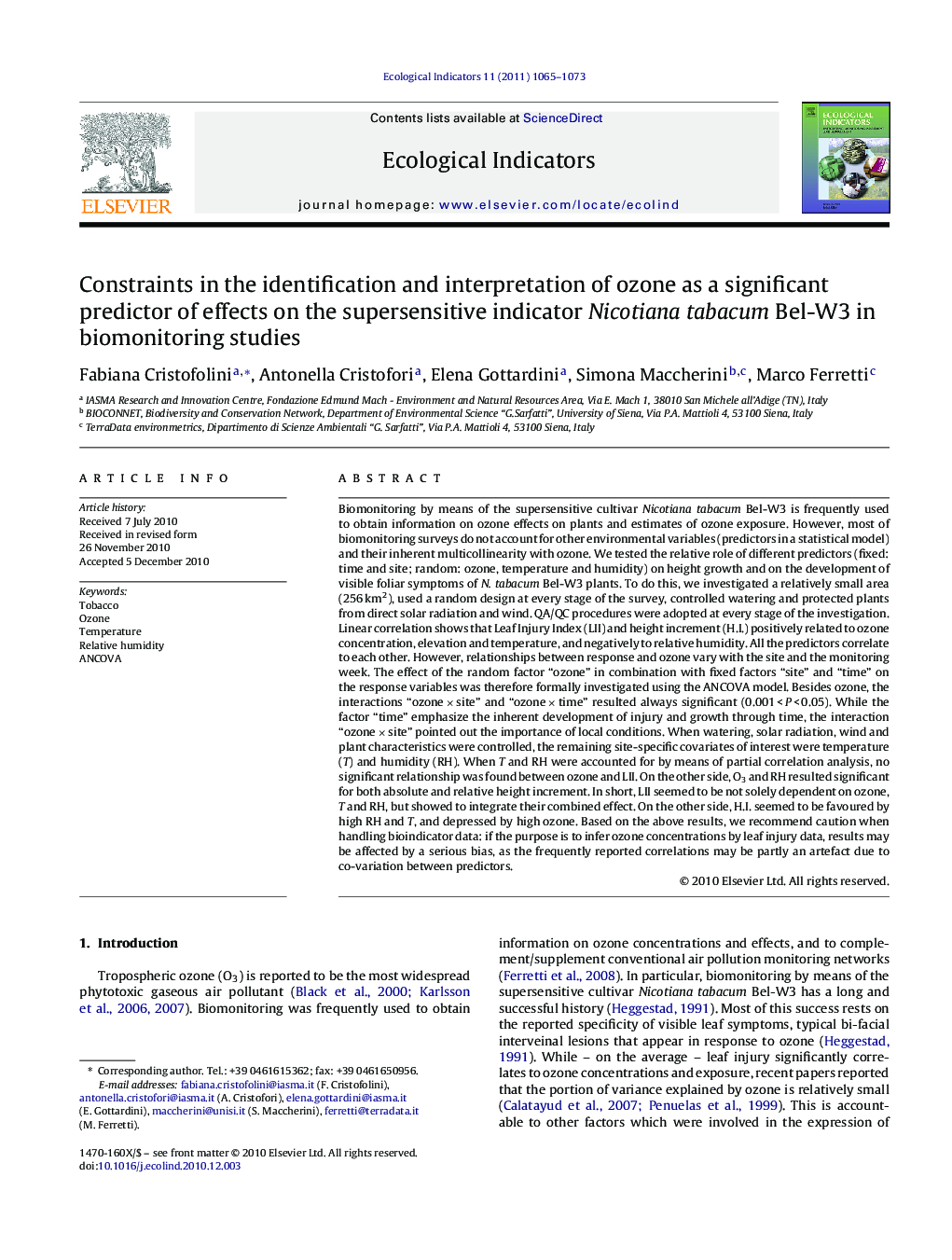 Constraints in the identification and interpretation of ozone as a significant predictor of effects on the supersensitive indicator Nicotiana tabacum Bel-W3 in biomonitoring studies