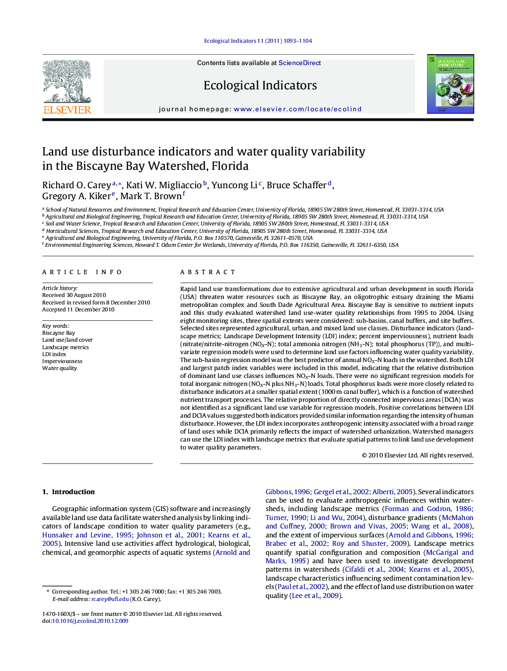 Land use disturbance indicators and water quality variability in the Biscayne Bay Watershed, Florida