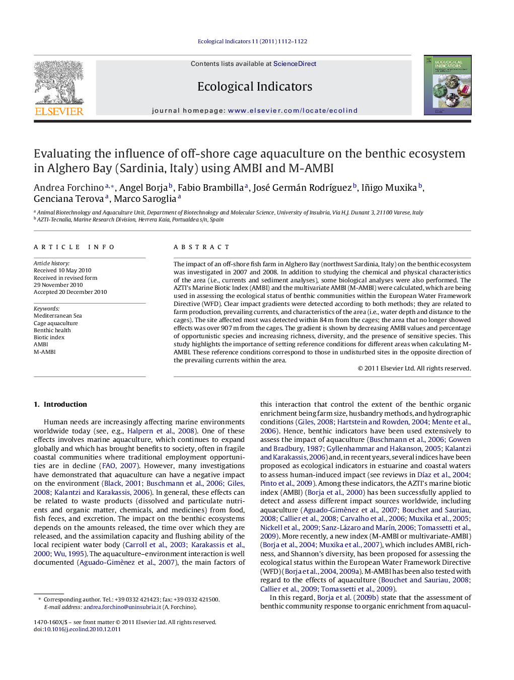 Evaluating the influence of off-shore cage aquaculture on the benthic ecosystem in Alghero Bay (Sardinia, Italy) using AMBI and M-AMBI