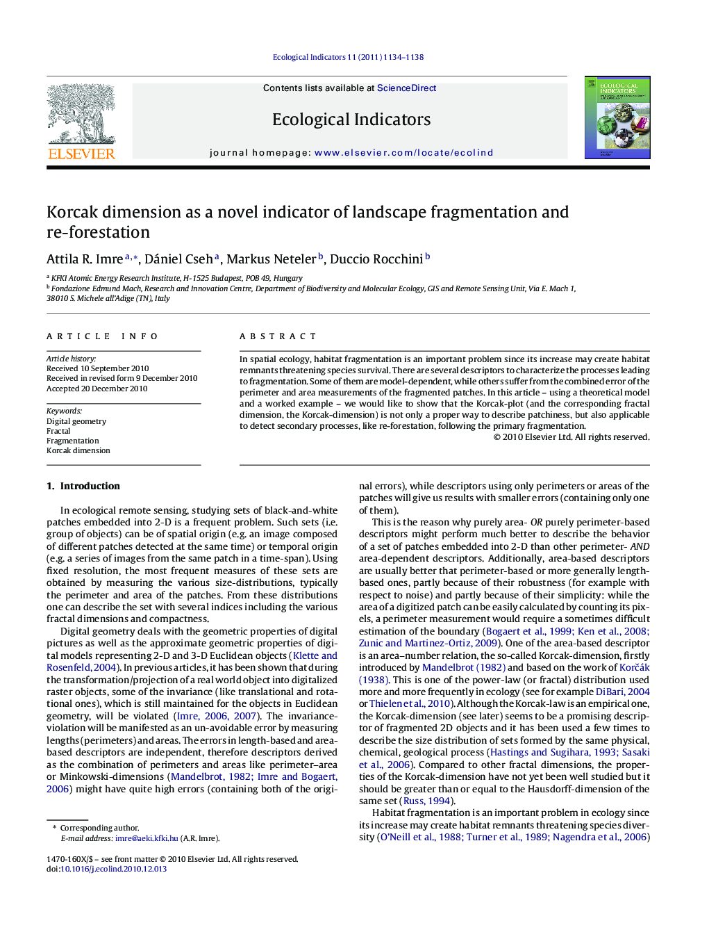 Korcak dimension as a novel indicator of landscape fragmentation and re-forestation