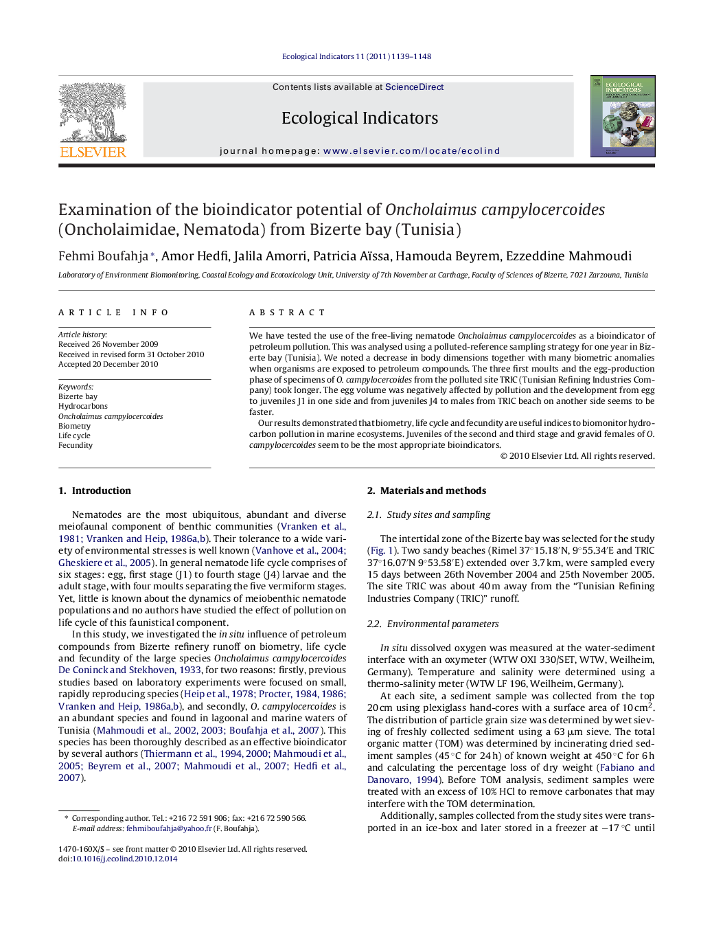 Examination of the bioindicator potential of Oncholaimus campylocercoides (Oncholaimidae, Nematoda) from Bizerte bay (Tunisia)