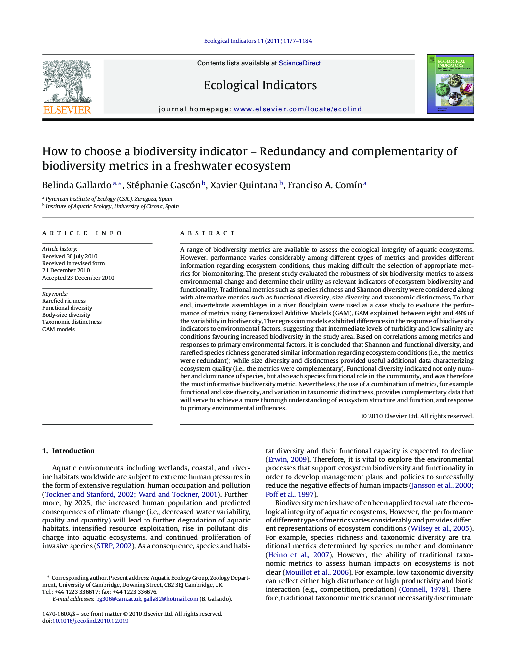 How to choose a biodiversity indicator – Redundancy and complementarity of biodiversity metrics in a freshwater ecosystem