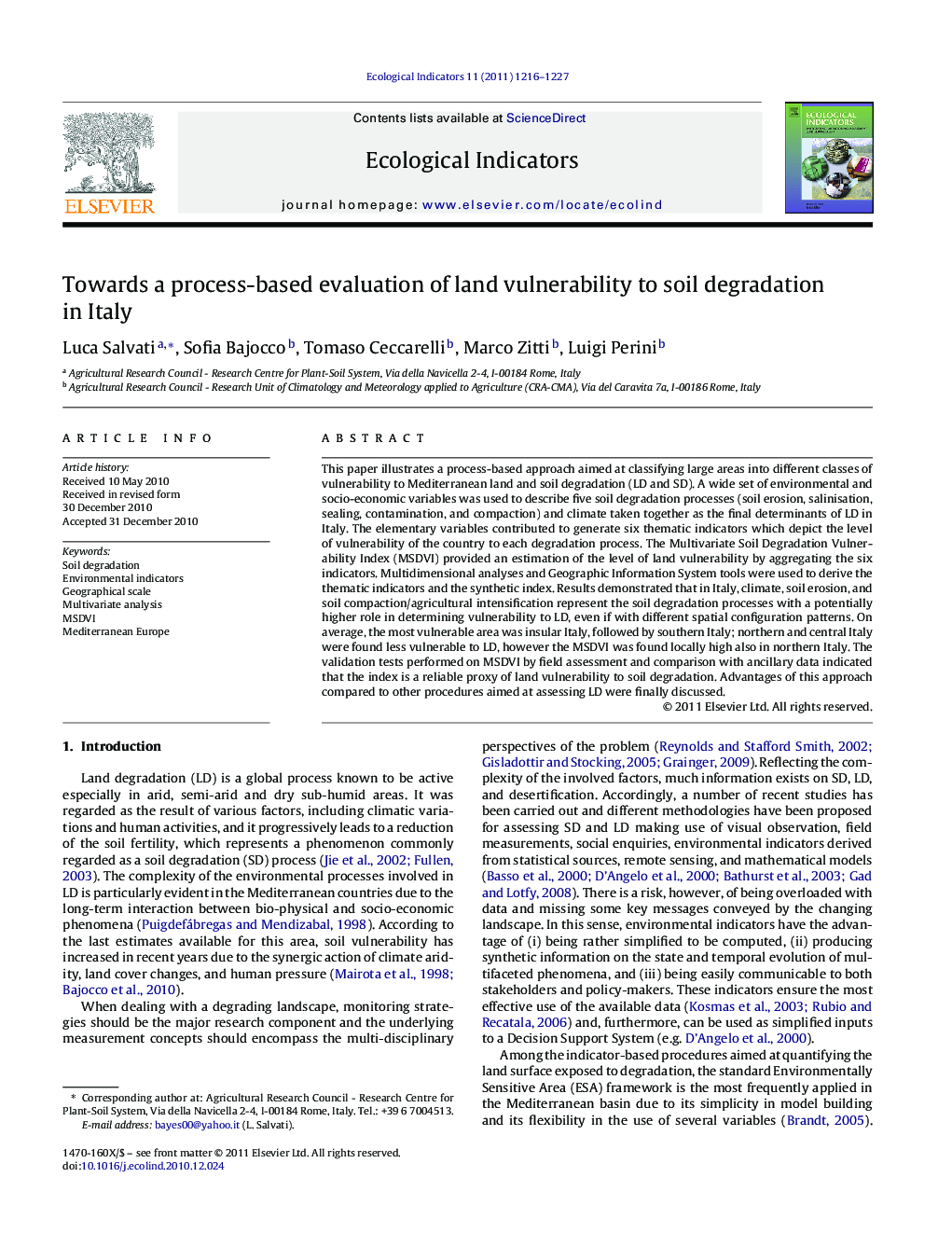 Towards a process-based evaluation of land vulnerability to soil degradation in Italy