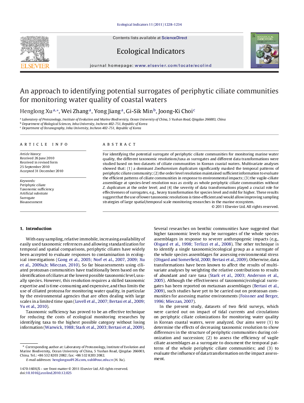 An approach to identifying potential surrogates of periphytic ciliate communities for monitoring water quality of coastal waters