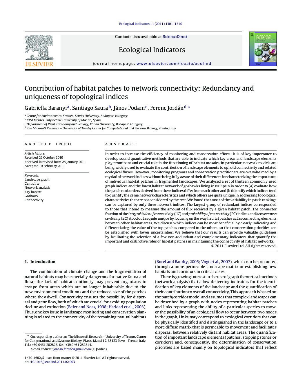 Contribution of habitat patches to network connectivity: Redundancy and uniqueness of topological indices