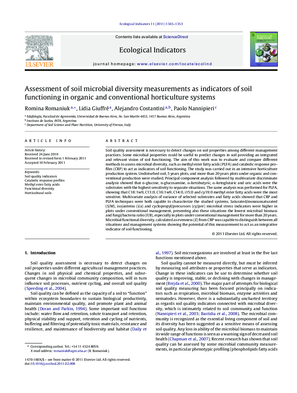 Assessment of soil microbial diversity measurements as indicators of soil functioning in organic and conventional horticulture systems