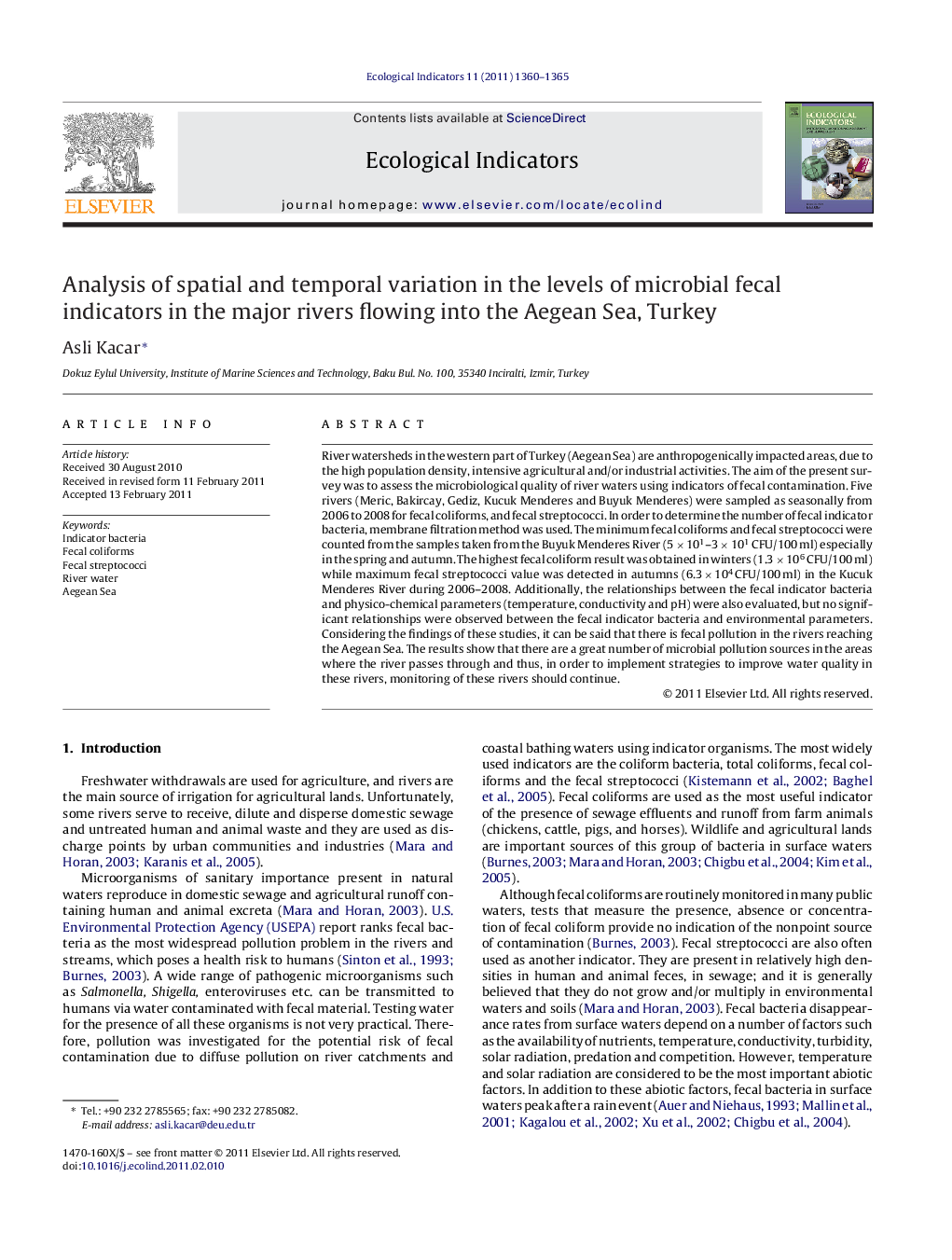 Analysis of spatial and temporal variation in the levels of microbial fecal indicators in the major rivers flowing into the Aegean Sea, Turkey