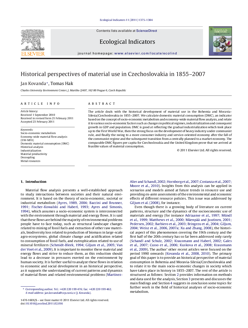 Historical perspectives of material use in Czechoslovakia in 1855–2007