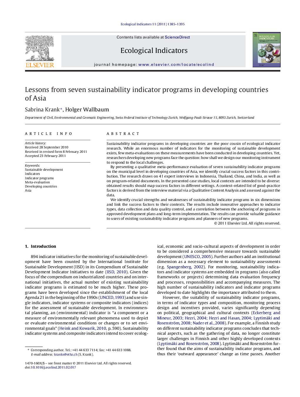 Lessons from seven sustainability indicator programs in developing countries of Asia