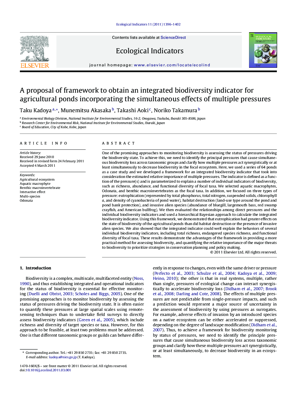 A proposal of framework to obtain an integrated biodiversity indicator for agricultural ponds incorporating the simultaneous effects of multiple pressures