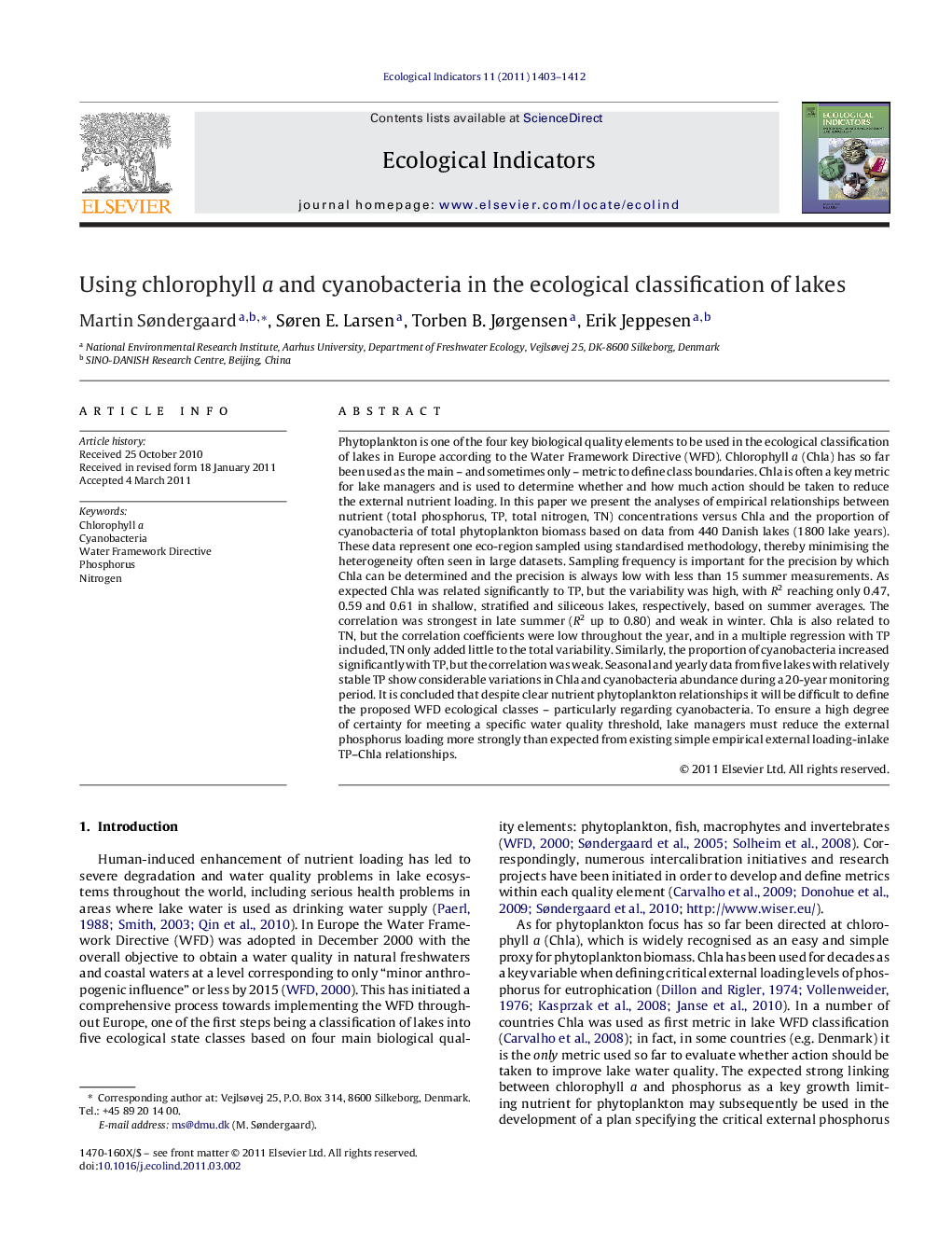 Using chlorophyll a and cyanobacteria in the ecological classification of lakes