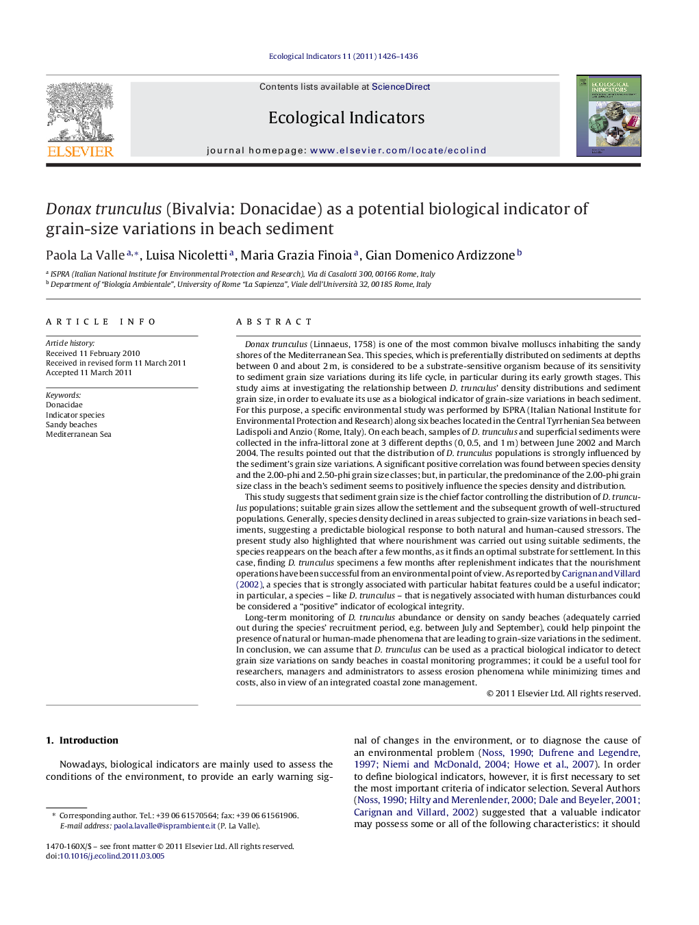 Donax trunculus (Bivalvia: Donacidae) as a potential biological indicator of grain-size variations in beach sediment