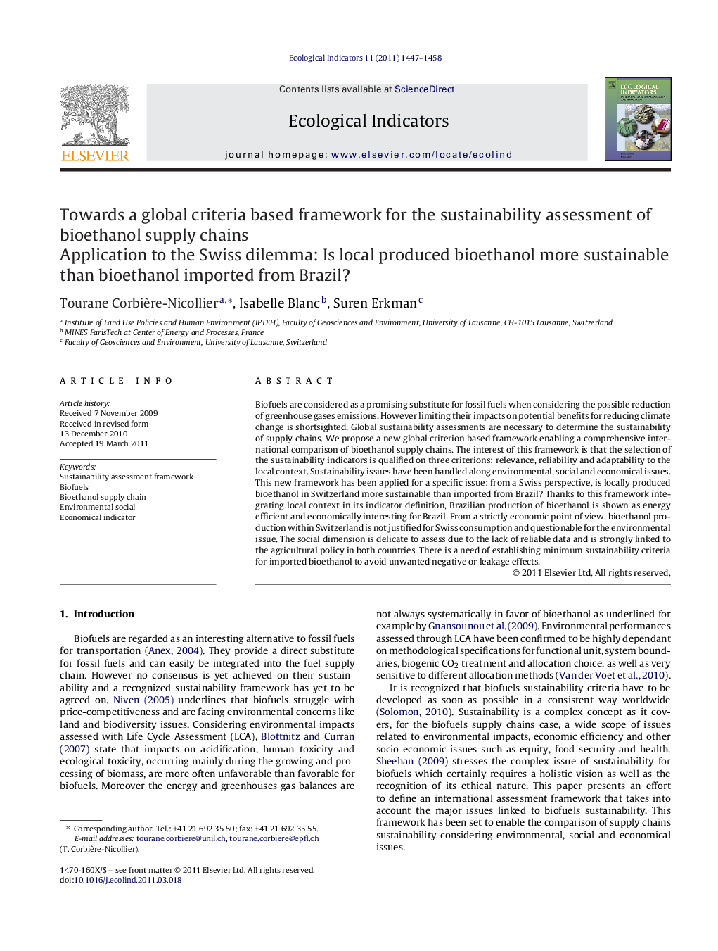 Towards a global criteria based framework for the sustainability assessment of bioethanol supply chains