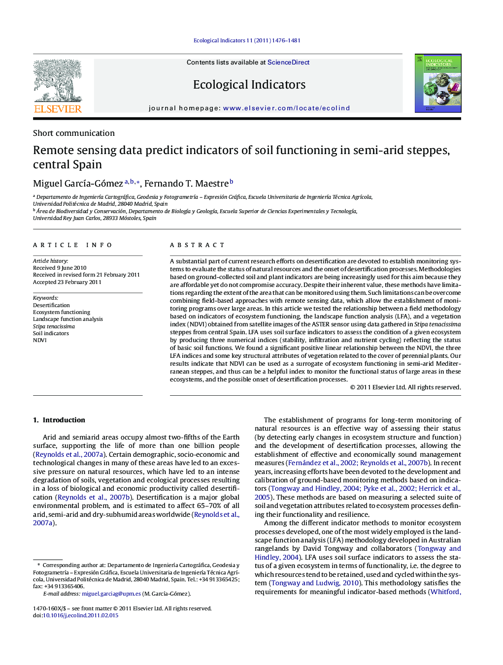 Remote sensing data predict indicators of soil functioning in semi-arid steppes, central Spain