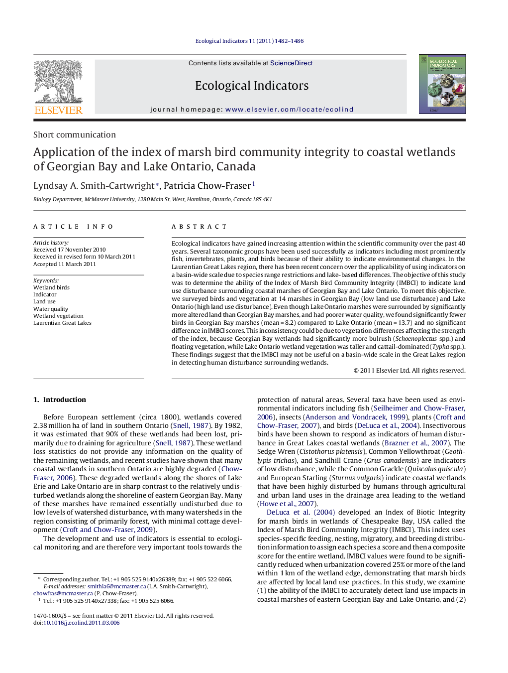 Application of the index of marsh bird community integrity to coastal wetlands of Georgian Bay and Lake Ontario, Canada