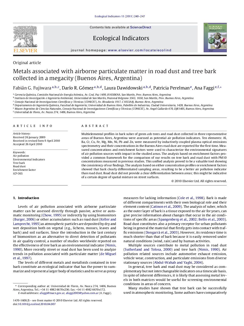 Metals associated with airborne particulate matter in road dust and tree bark collected in a megacity (Buenos Aires, Argentina)