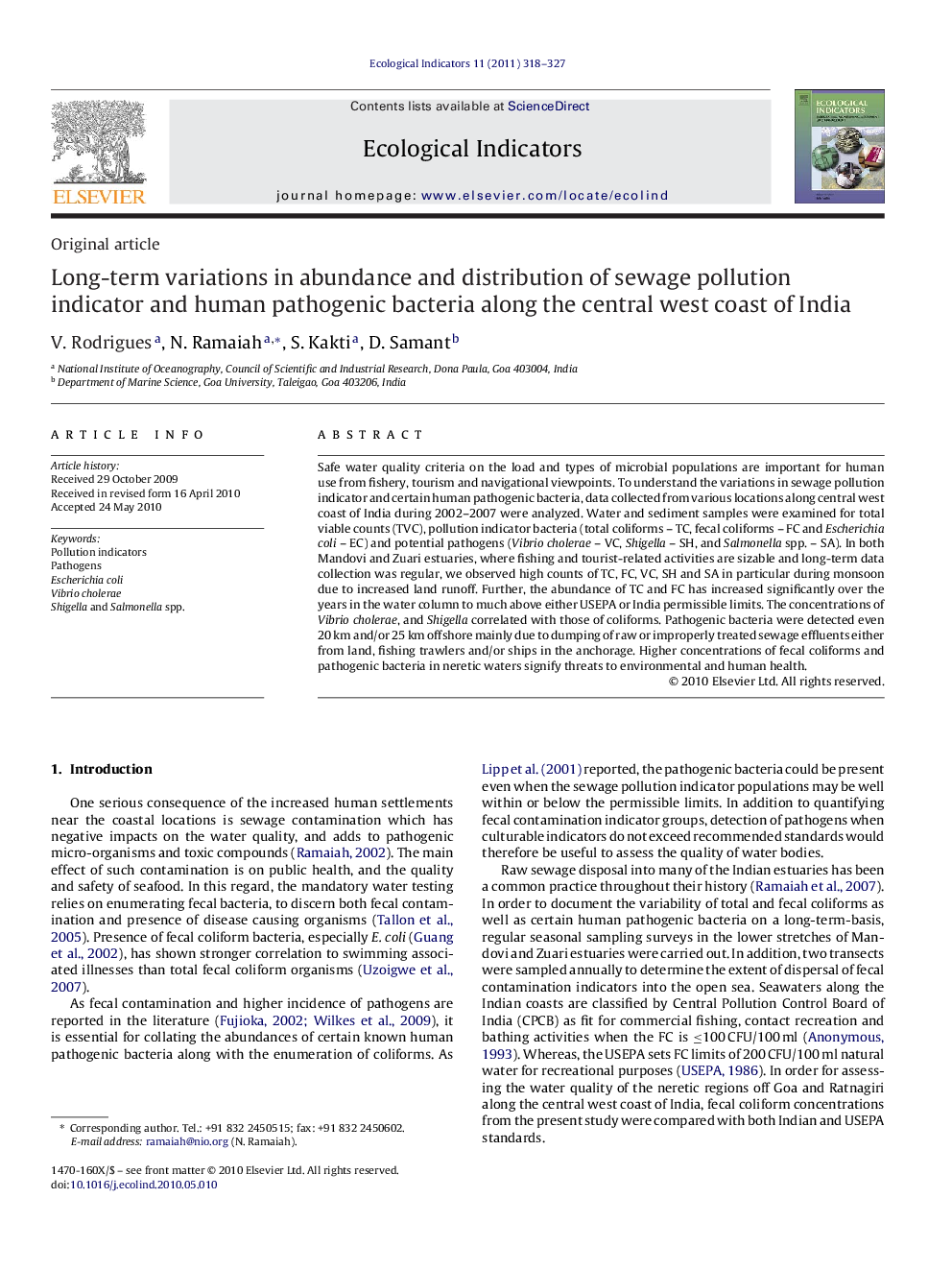 Long-term variations in abundance and distribution of sewage pollution indicator and human pathogenic bacteria along the central west coast of India