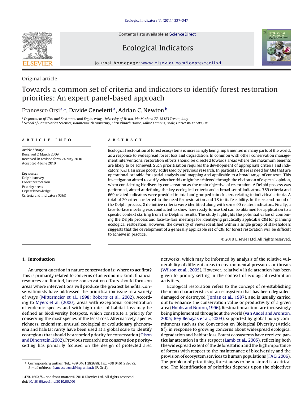 Towards a common set of criteria and indicators to identify forest restoration priorities: An expert panel-based approach