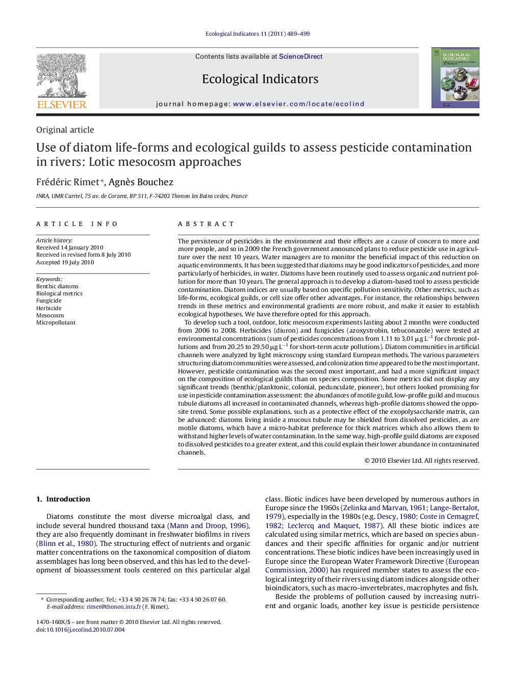 Use of diatom life-forms and ecological guilds to assess pesticide contamination in rivers: Lotic mesocosm approaches