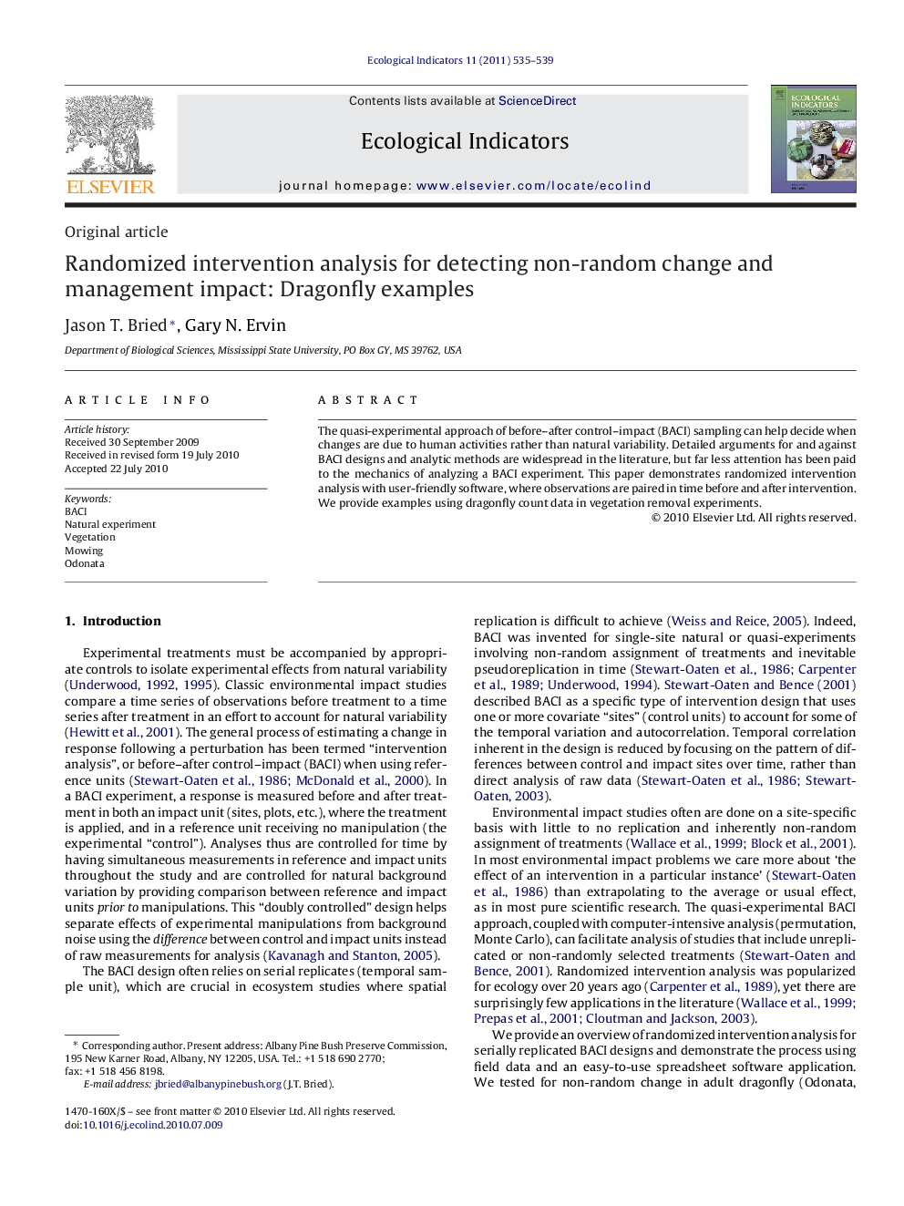 Randomized intervention analysis for detecting non-random change and management impact: Dragonfly examples