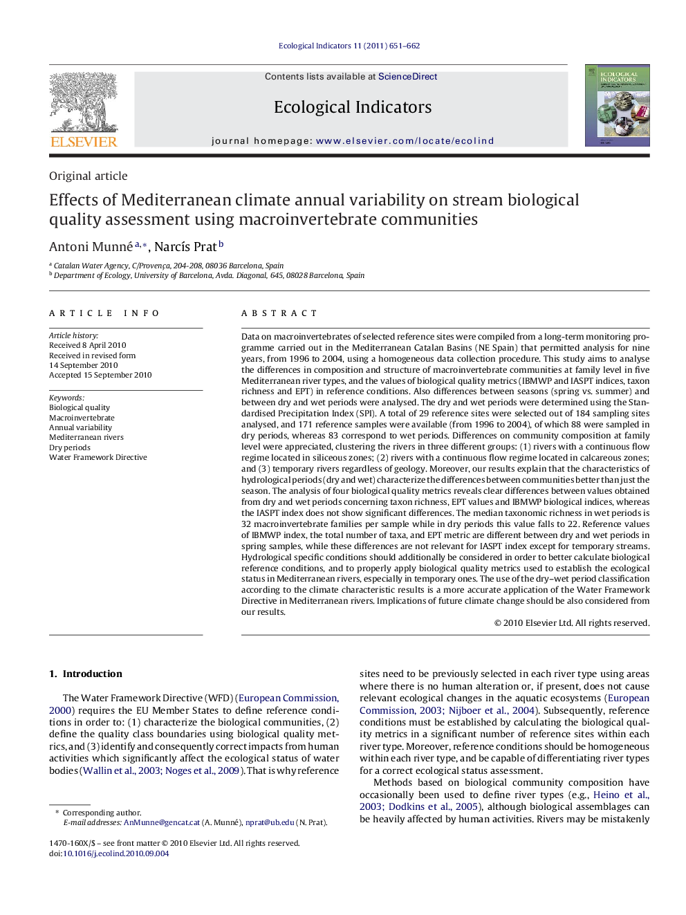 عکس صفحه اول مقاله: Effects of Mediterranean climate annual variability on stream biological quality assessment using macroinvertebrate communities Effects of Mediterranean climate annual variability on stream biological quality assessment using macroinvertebrate communities