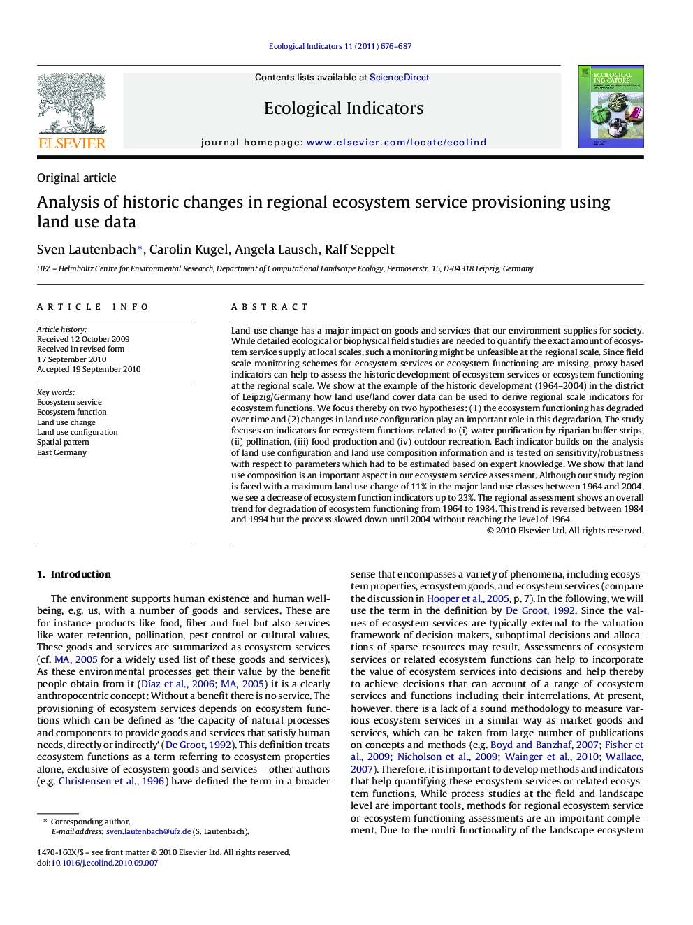 Analysis of historic changes in regional ecosystem service provisioning using land use data