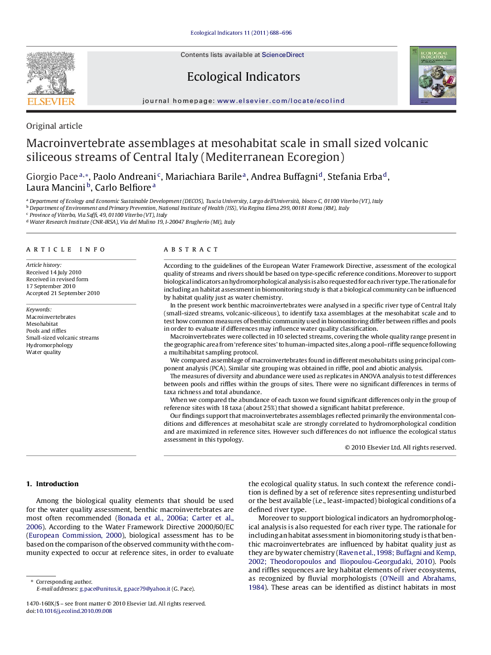 Macroinvertebrate assemblages at mesohabitat scale in small sized volcanic siliceous streams of Central Italy (Mediterranean Ecoregion)