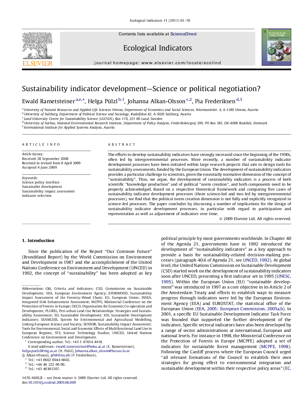 Sustainability indicator development—Science or political negotiation?