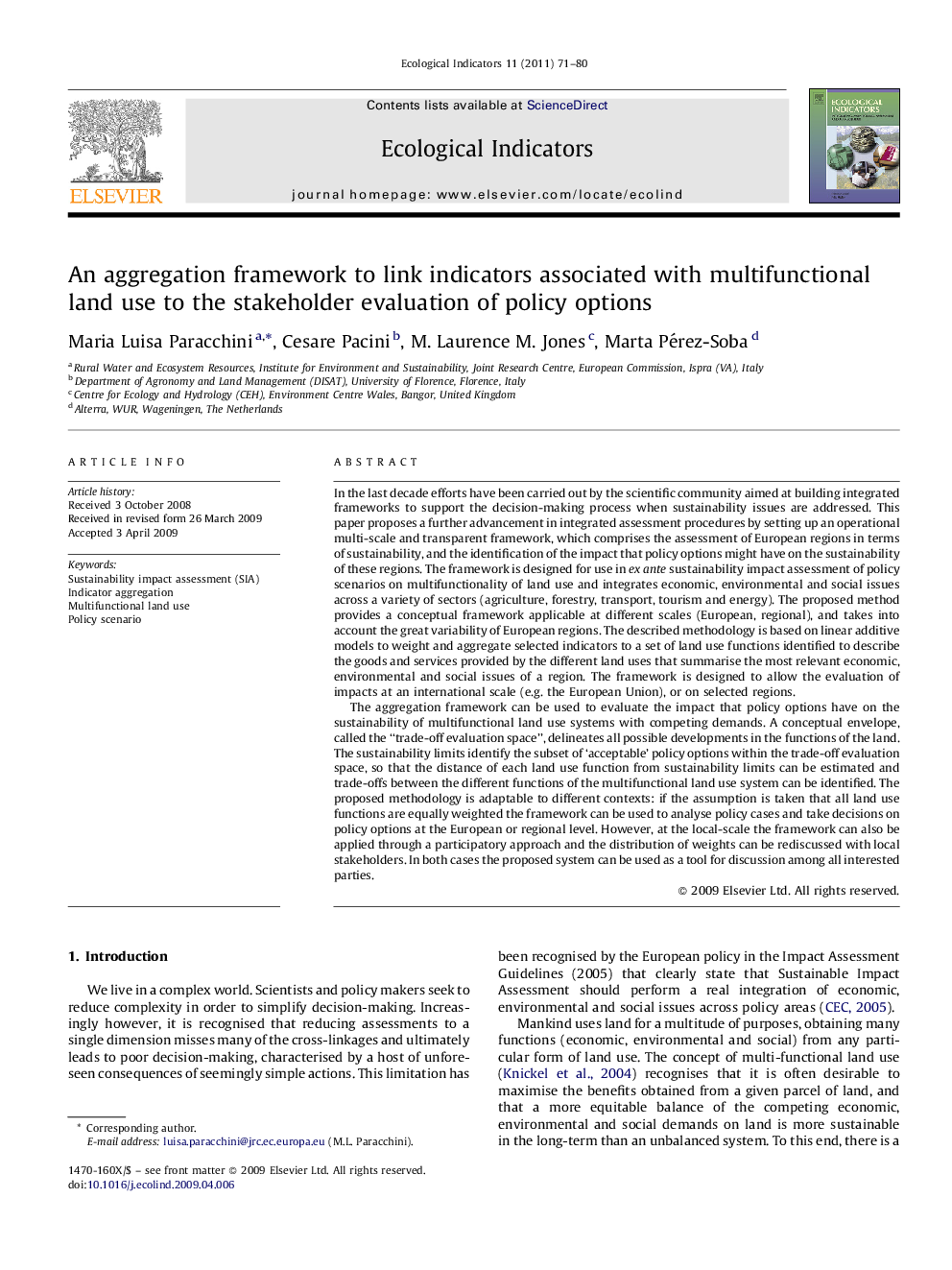 An aggregation framework to link indicators associated with multifunctional land use to the stakeholder evaluation of policy options