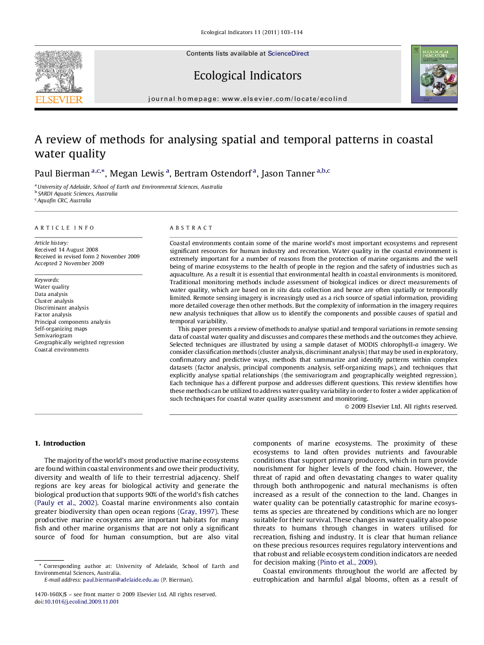 A review of methods for analysing spatial and temporal patterns in coastal water quality