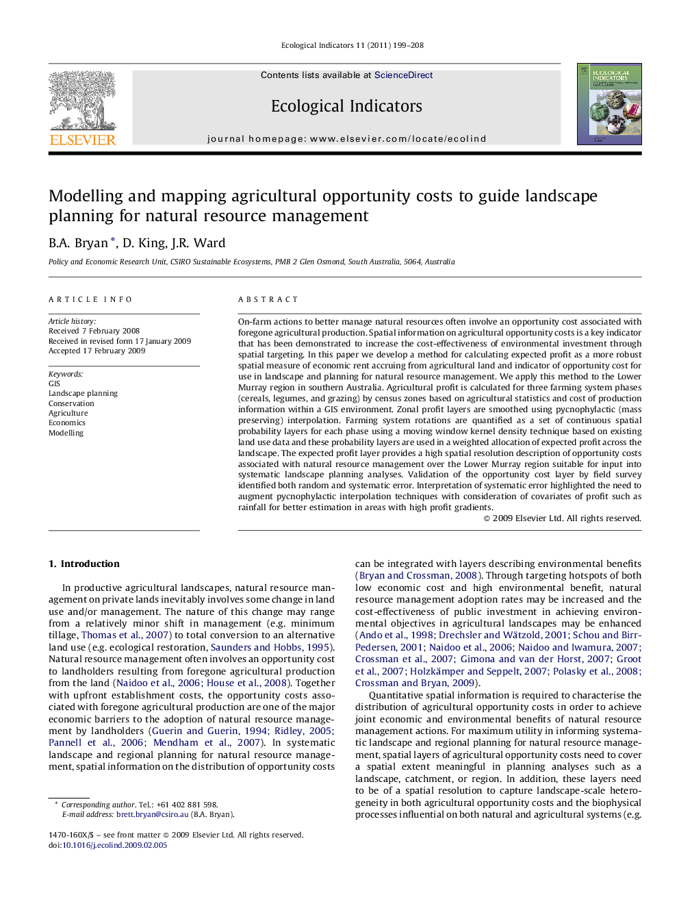 Modelling and mapping agricultural opportunity costs to guide landscape planning for natural resource management