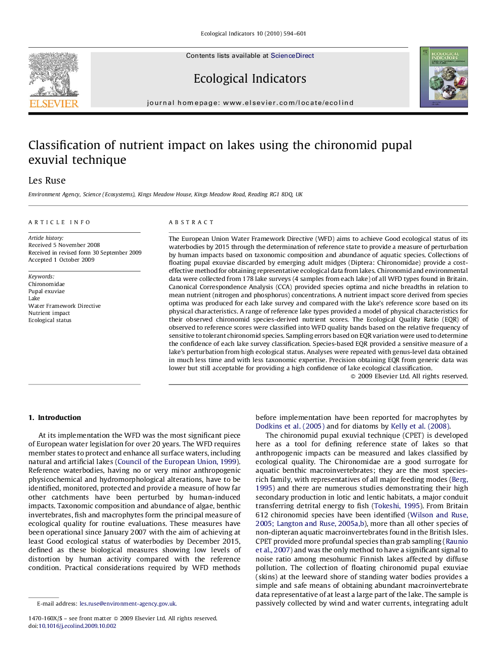 Classification of nutrient impact on lakes using the chironomid pupal exuvial technique