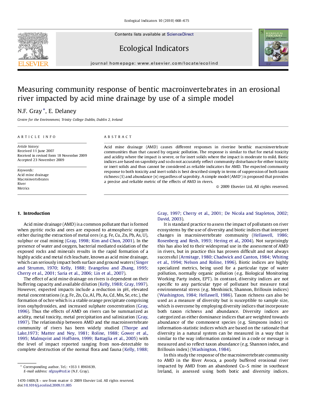 Measuring community response of bentic macroinvertebrates in an erosional river impacted by acid mine drainage by use of a simple model