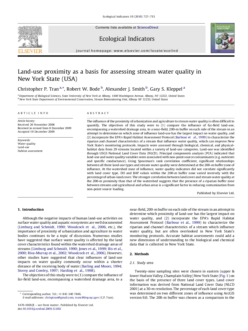 Land-use proximity as a basis for assessing stream water quality in New York State (USA)