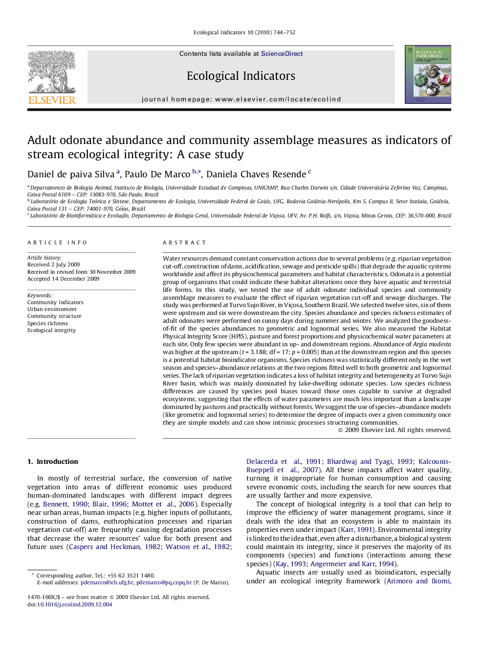 Adult odonate abundance and community assemblage measures as indicators of stream ecological integrity: A case study