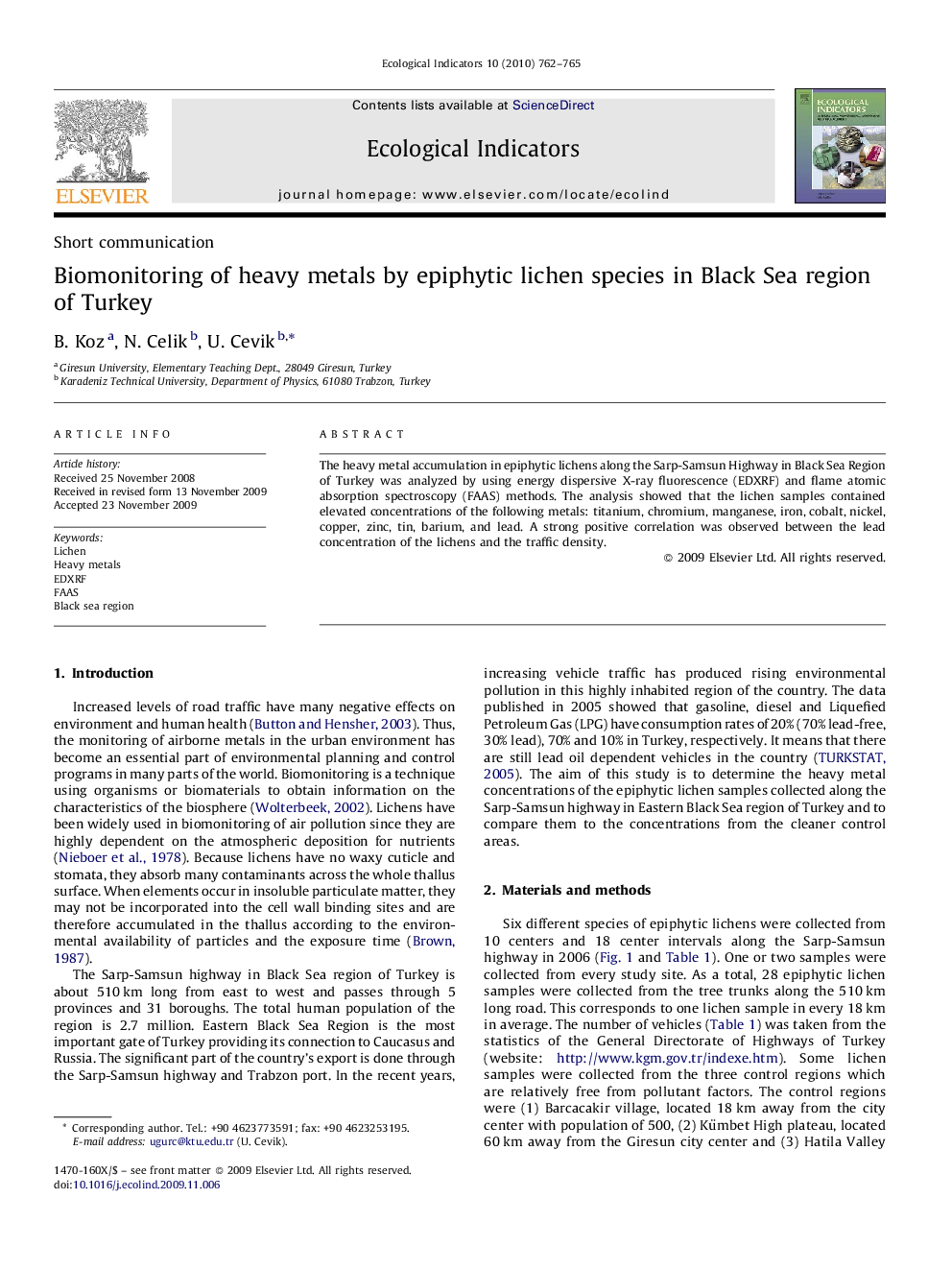 Biomonitoring of heavy metals by epiphytic lichen species in Black Sea region of Turkey