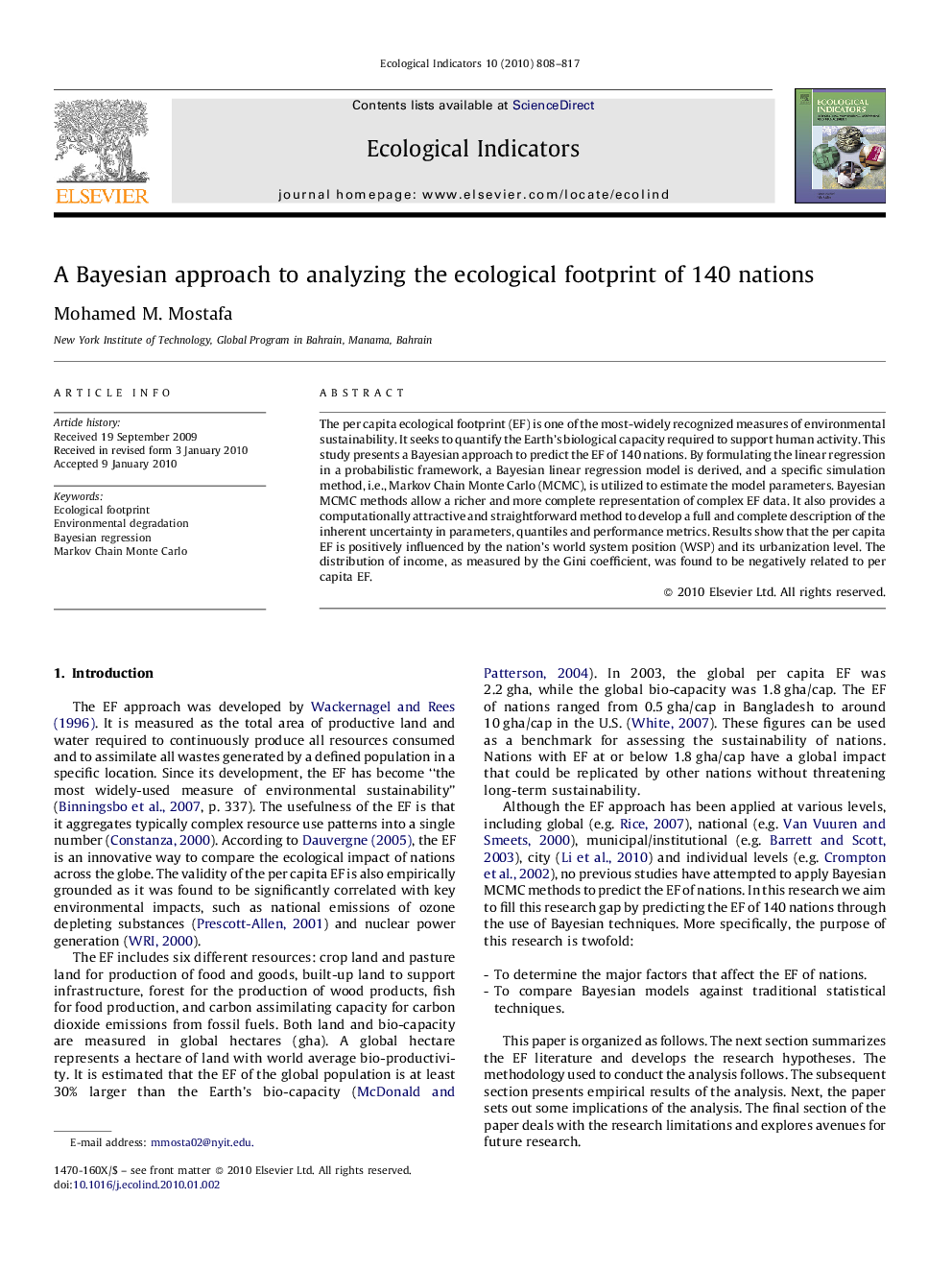 A Bayesian approach to analyzing the ecological footprint of 140 nations