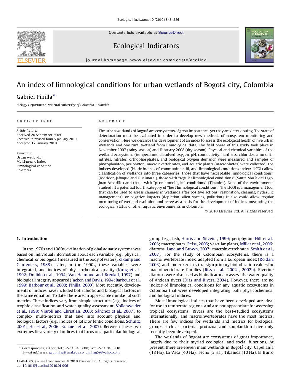 An index of limnological conditions for urban wetlands of Bogotá city, Colombia