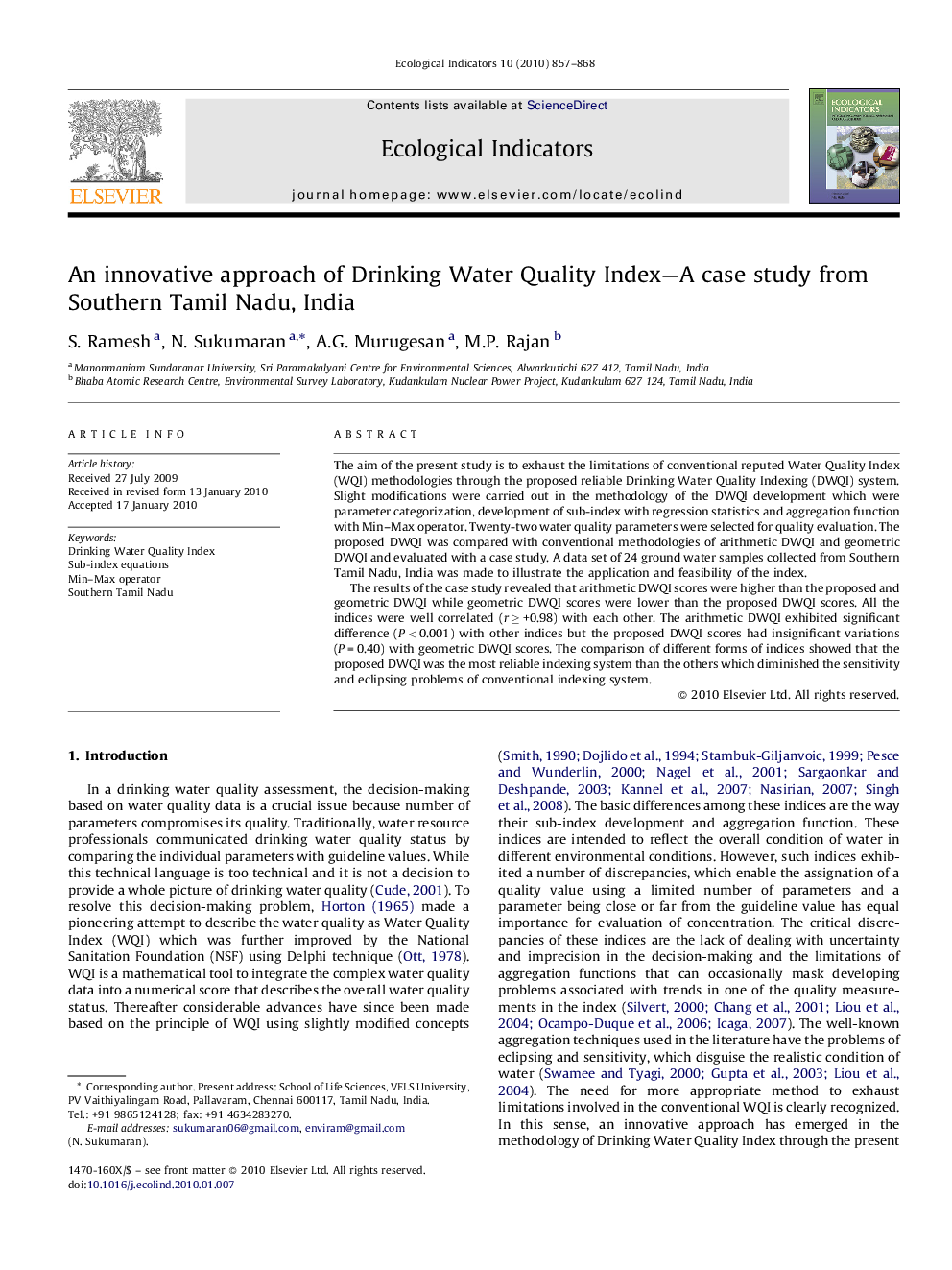 An innovative approach of Drinking Water Quality Index—A case study from Southern Tamil Nadu, India