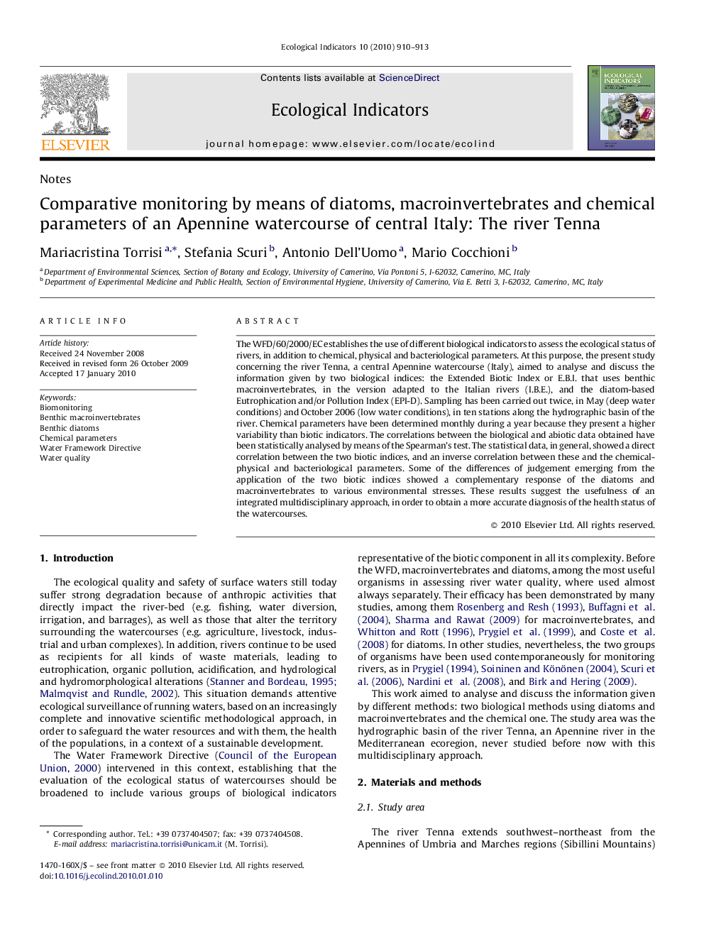 Comparative monitoring by means of diatoms, macroinvertebrates and chemical parameters of an Apennine watercourse of central Italy: The river Tenna