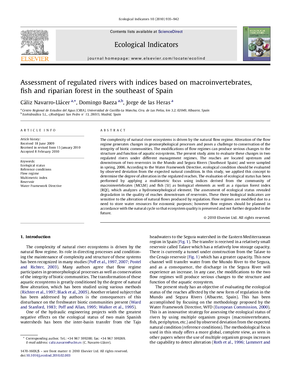 Assessment of regulated rivers with indices based on macroinvertebrates, fish and riparian forest in the southeast of Spain