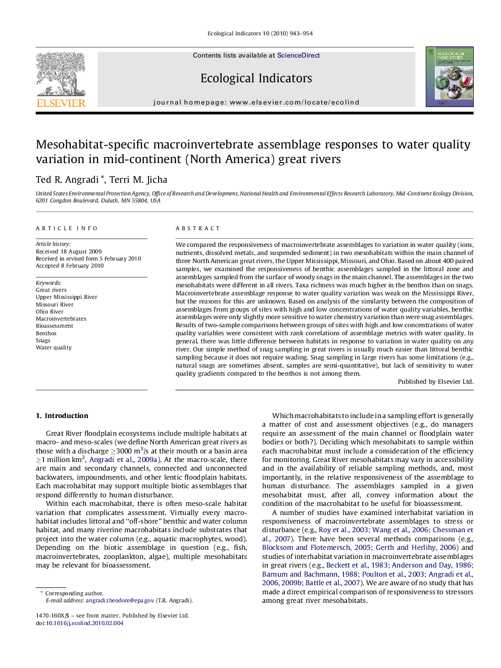 عکس صفحه اول مقاله: Mesohabitat-specific macroinvertebrate assemblage responses to water quality variation in mid-continent (North America) great rivers Mesohabitat-specific macroinvertebrate assemblage responses to water quality variation in mid-continent (North America) great rivers