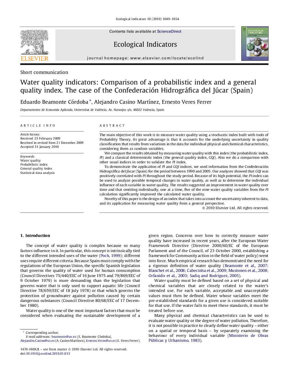 Water quality indicators: Comparison of a probabilistic index and a general quality index. The case of the Confederación Hidrográfica del Júcar (Spain)