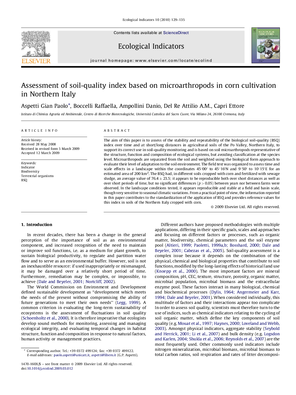 Assessment of soil-quality index based on microarthropods in corn cultivation in Northern Italy