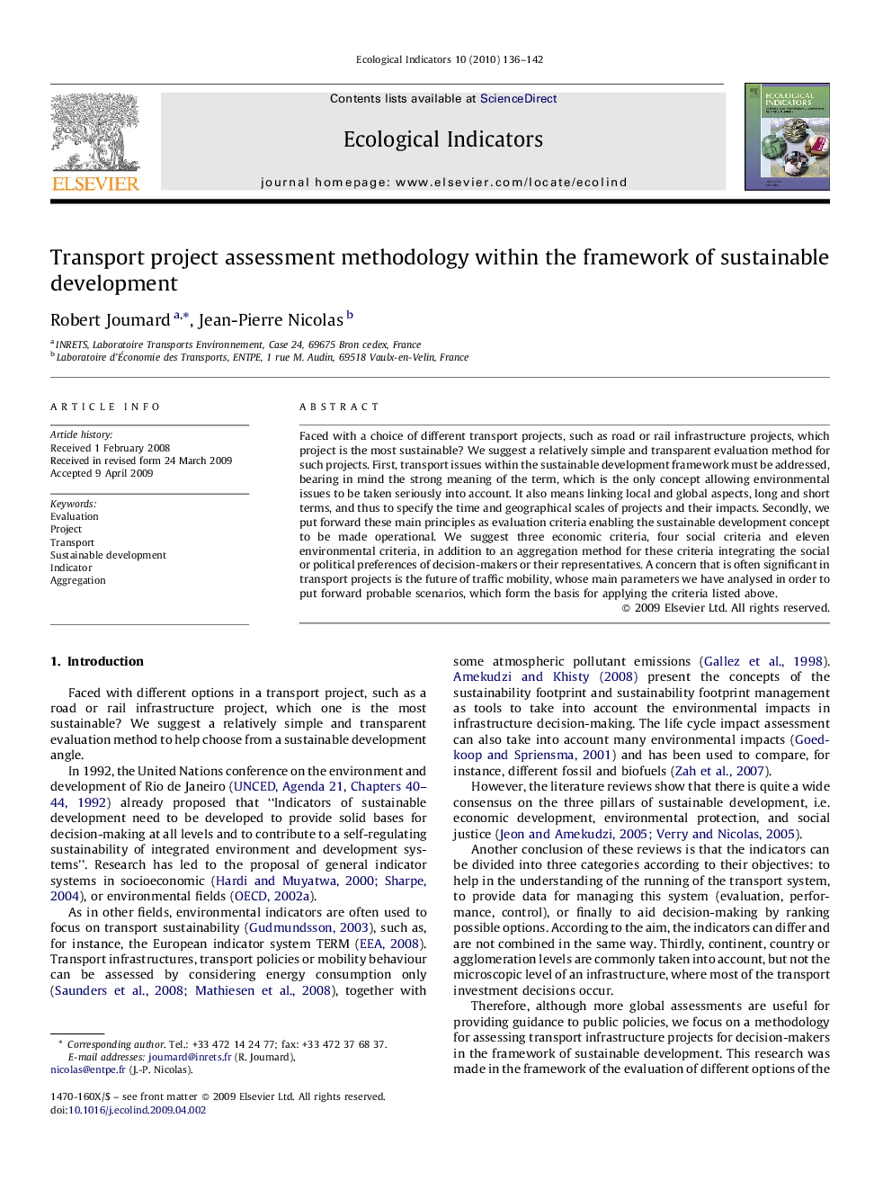 Transport project assessment methodology within the framework of sustainable development