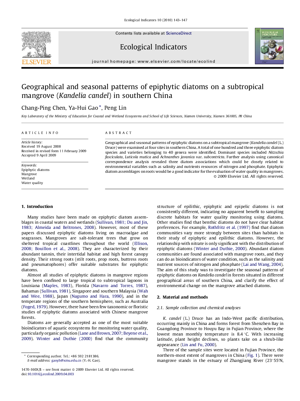 Geographical and seasonal patterns of epiphytic diatoms on a subtropical mangrove (Kandelia candel) in southern China